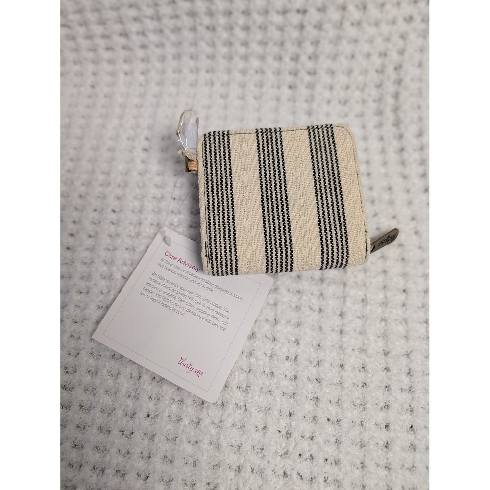 Thirty-One Gifts Woven Canvas Ticking Stripe Small Zip Around Wallet New